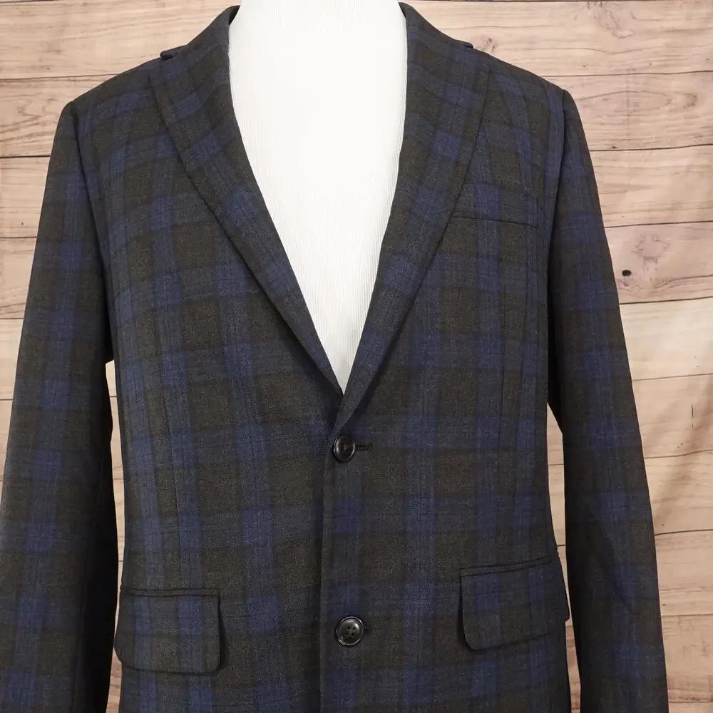 Fairlane Blazer Mens L Brown Blue Plaid Polyester Viscose Sport Coat Jacket